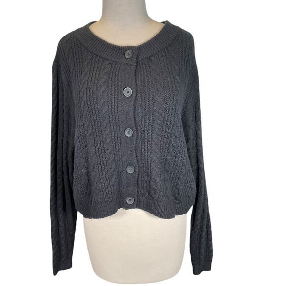 OPEN EDIT Black Cropped Cardigan Cable Knit XL Crew Neck Long Sleeve Button Up - Picture 1 of 10